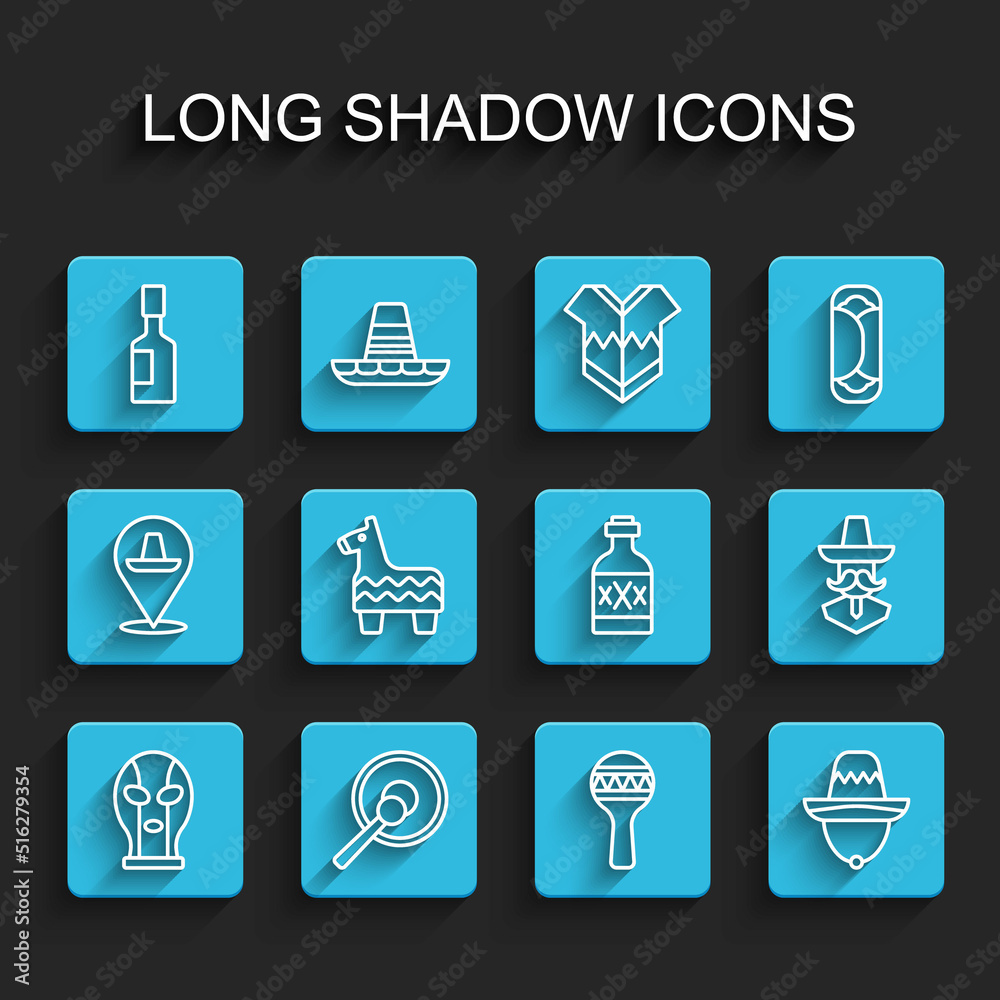 Set line Mexican wrestler, Gong, Tabasco sauce, Maracas, sombrero, Pinata, man and Tequila bottle icon. Vector