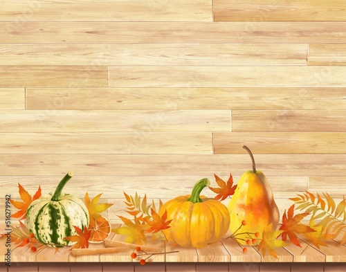 ぬくもりのある木目のボードとかぼちゃやモミジやドライフルーツや木の実の秋イメージ壁紙素材
タイトル変更