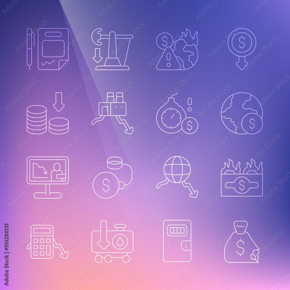 Set line Money bag, Burning dollar bill, Global economic crisis, Shutdown of factory, Dollar rate decrease, Contract money and pen and bomb icon. Vector Set line Money bag, Burning dollar bill, Global economic crisis, Shutdown of factory, Dollar rate decrease, Contract money and pen and bomb icon. Vector