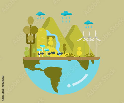 Green world nature illustrations created by using natural energy such as wind turbines, solar cells, these are renewable energy that can never run out.