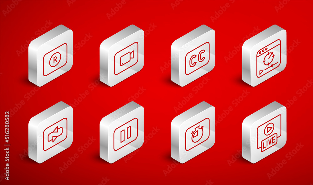 Set line Live stream, Play video button, Subtitles, Online play, Stopwatch, Record, Pause and Repeat icon. Vector Set line Live stream, Play video button, Subtitles, Online play, Stopwatch, Record, Pause and Repeat icon. Vector