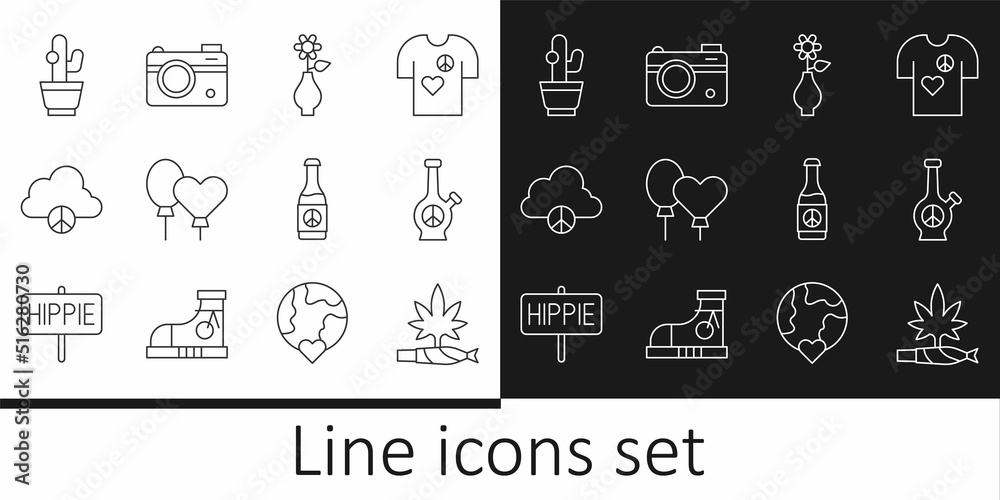 Set line Marijuana joint, spliff, Bong, Flower vase, Balloons, Peace cloud, Cactus, Beer bottle and Photo camera icon. Vector