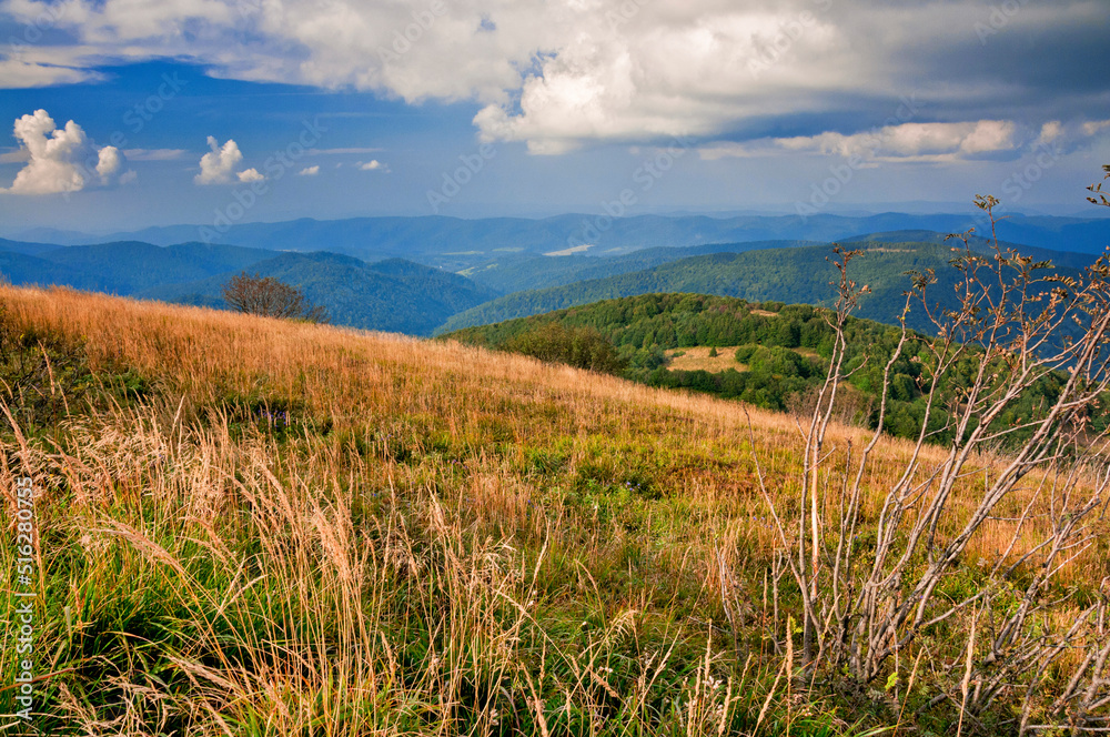 Fototapeta premium Landscape with mountains and clouds, Bieszczady 