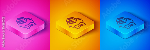 Isometric line NFT Digital crypto art icon isolated on pink and orange, blue background. Non fungible token. Square button. Vector