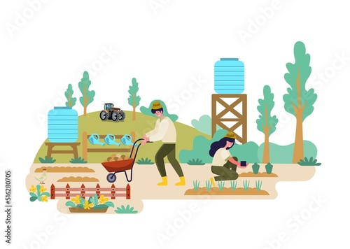 Couples planting carrots It is cultivated in rural areas with rake, shovel, hoe, soil, wheelbarrow, water tank and other tools. The plant will grow well. flat illustration.