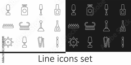 Set line Cuticle pusher, Bottle of nail polish, Nail, Pedicure brush or grater, False nails, Milling cutter for manicure, and Tube hand cream icon. Vector