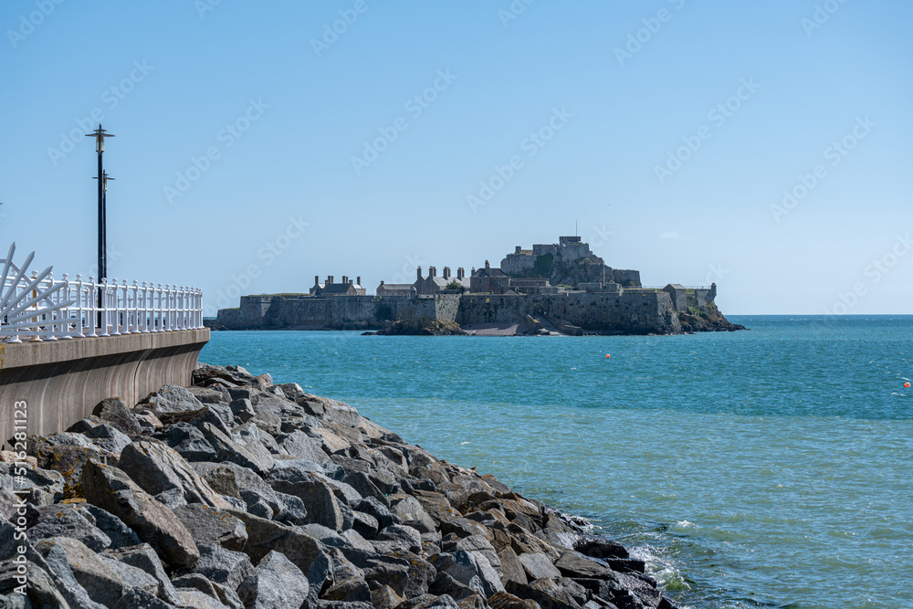 The fortress Elizabeth Castle at St Helier harbour, Jersey, Channel Islands, British Isles.