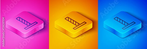 Isometric line Cat scratching post with toy icon isolated on pink and orange, blue background. Square button. Vector