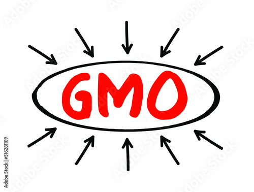 GMO - Genetically Modified Organism is any organism whose genetic material has been altered using genetic engineering techniques, acronym concept with arrows
