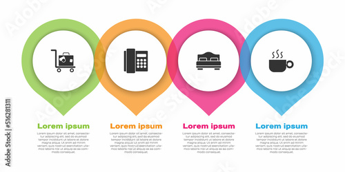 Set Suitcase, Telephone handset, Hotel room bed and Coffee cup. Business infographic template. Vector