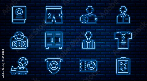 Set line Planning strategy concept, Buy football player, Locker or changing room, Sport mechanical scoreboard, learning book, soccer referee and Shorts for playing icon. Vector