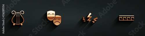 Set Ancient lyre, Comedy and tragedy masks, Zeus and Greek pattern icon with long shadow. Vector