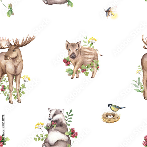 Watercolor moose, wild boar, badger, titmouse, floral forest illustration. Woodland seamless pattern with cute animals. Hand painted nature print for kids design, fabric