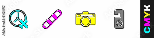 Set Clock with airplane, Snowboard, Photo camera and Please do not disturb icon. Vector