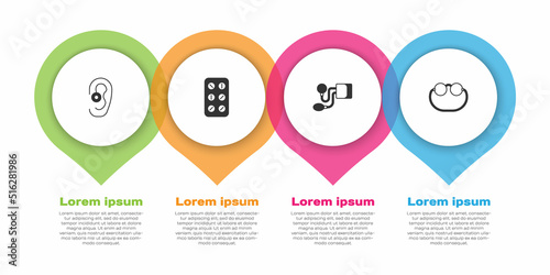 Set Hearing aid, Pills blister pack, Blood pressure and Eyeglasses. Business infographic template. Vector