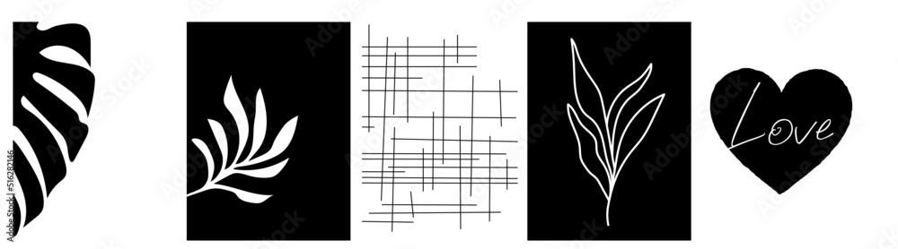 Collection of modern simple minimalist abstracts in black and white. With plant leaves and monstera (silhouette and sketch) with heart and text love on background Collection of modern simple minimalist abstracts in black and white. With plant leaves and monstera (silhouette and sketch) with heart and text love on background