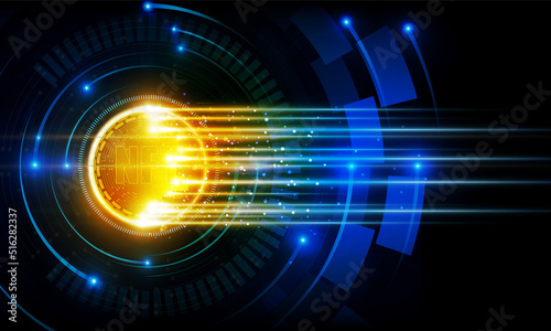 Abstract NFT Bitcoin and Coins are falling apart in futuristic Light out technology background Hitech communication concept innovation background, vector design