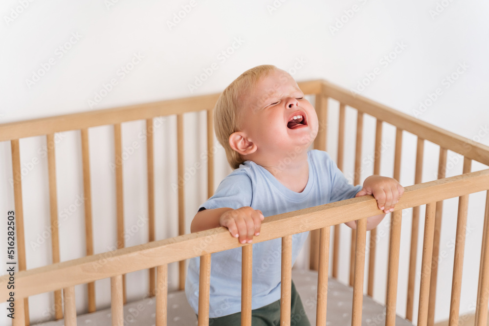Photo Art Print Portrait of upset sad frustrated one year old baby boy getting hysterical standing in bed asking to pick him up seeking attention of parents crying out loud Arsenii