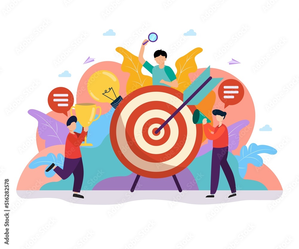 Concept illustration of setting goals in work, decision making, accomplishing mission, opportunity, success of marketing business.