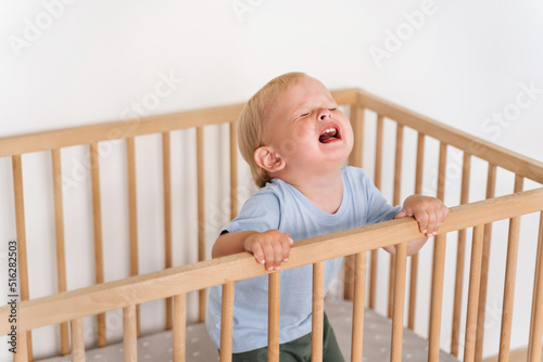 Portrait of upset sad frustrated one year old baby boy getting hysterical standing in bed asking to pick him up, seeking attention of parents crying out loud. Child temper tantrum photo