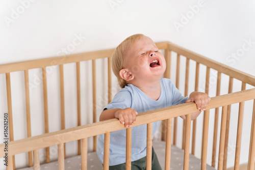 Portrait of upset sad frustrated one year old baby boy getting hysterical standing in bed asking to pick him up, seeking attention of parents crying out loud. Child temper tantrum