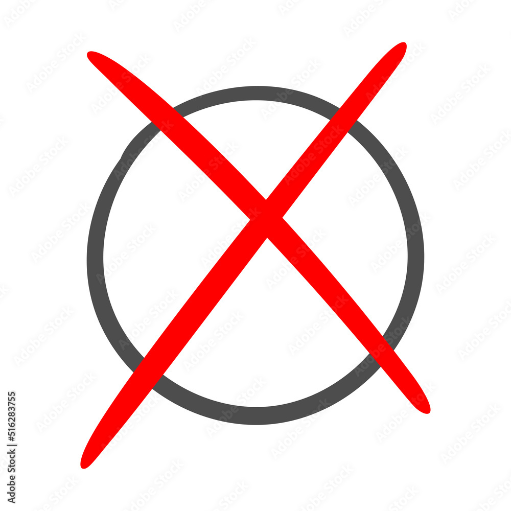 Thin red cross in a circle hand drawn icon. Vector sharp checkmarks sign of  plan isolated on a white background. Stock Vector
