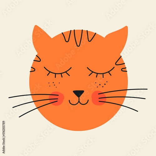 Abstract simple cat face. Ginger cute red haired kitty offended by something. Vector hand drawn illustration. Flat line art design