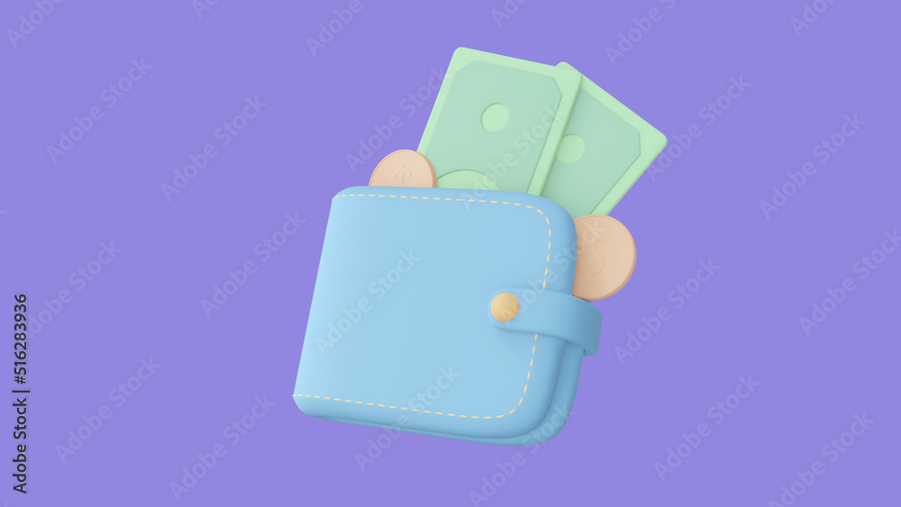 Portmone coin money in cartoon style wallet.Wallet with Cash Money 3d illustration on purple background isolated. 3d render Portmone coin money in cartoon style wallet.Wallet with Cash Money 3d illustration on purple background isolated. 3d render