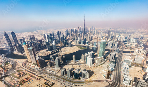 Photography Dubai aerial view of downtown skyscrapers with Burj Khalifa.
