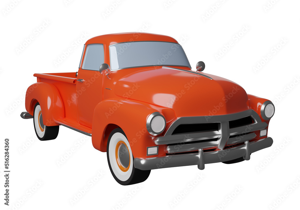 3D red pickup truck isolated on white background. 3D rendering