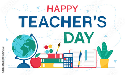 Happy teacher's day illustration with school supplies. Design for greeting card or website. Vector illustration