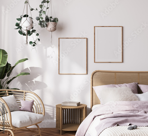 farmhouse interior bedroom, empty wall mockup in white room with wooden furniture and lots of green plants, 3d render
