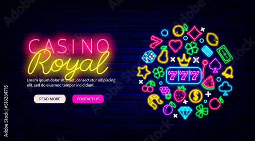 Casino royal neon promotion flyer. Website landing page template. Round label with shiny icons. Vector illustration