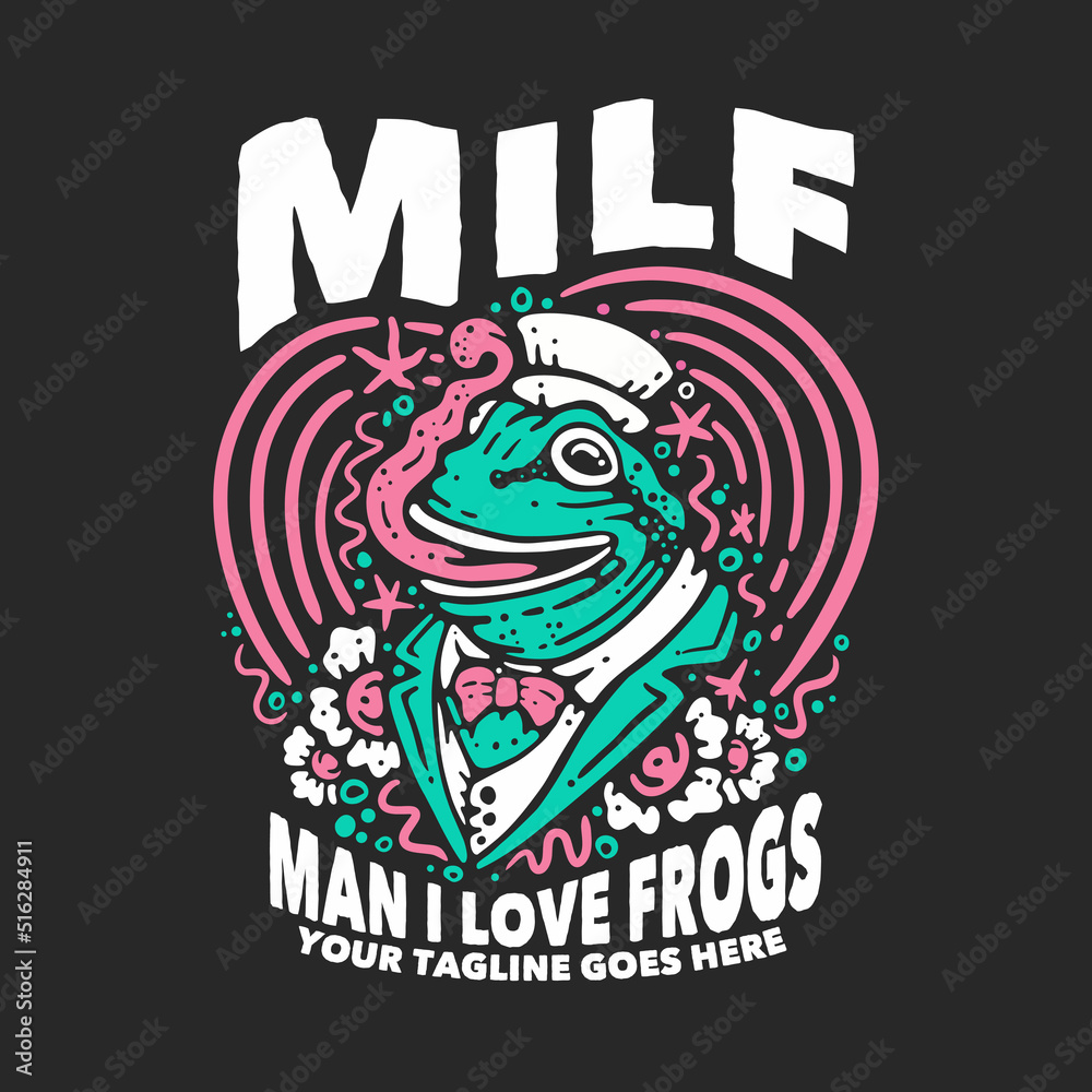 t shirt design milf man i love frogs with frog wearing suit and gray background vintage illustration