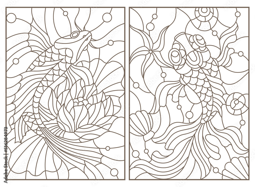 Fototapeta premium Set of contour illustrations with goldfishes on water and seashells background, dark outlines on white background