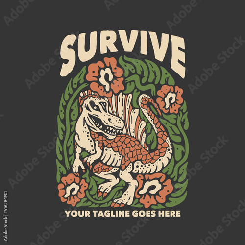 t shirt design survive with spinosaurus and gray background vintage illustration