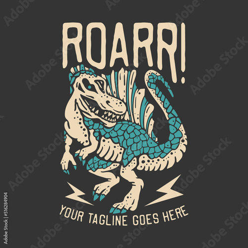 t shirt design roarr  with spinosaurus and gray background vintage illustration