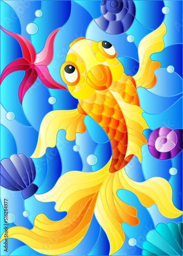 Illustration in stained glass style with a goldfish on a background of shells and water