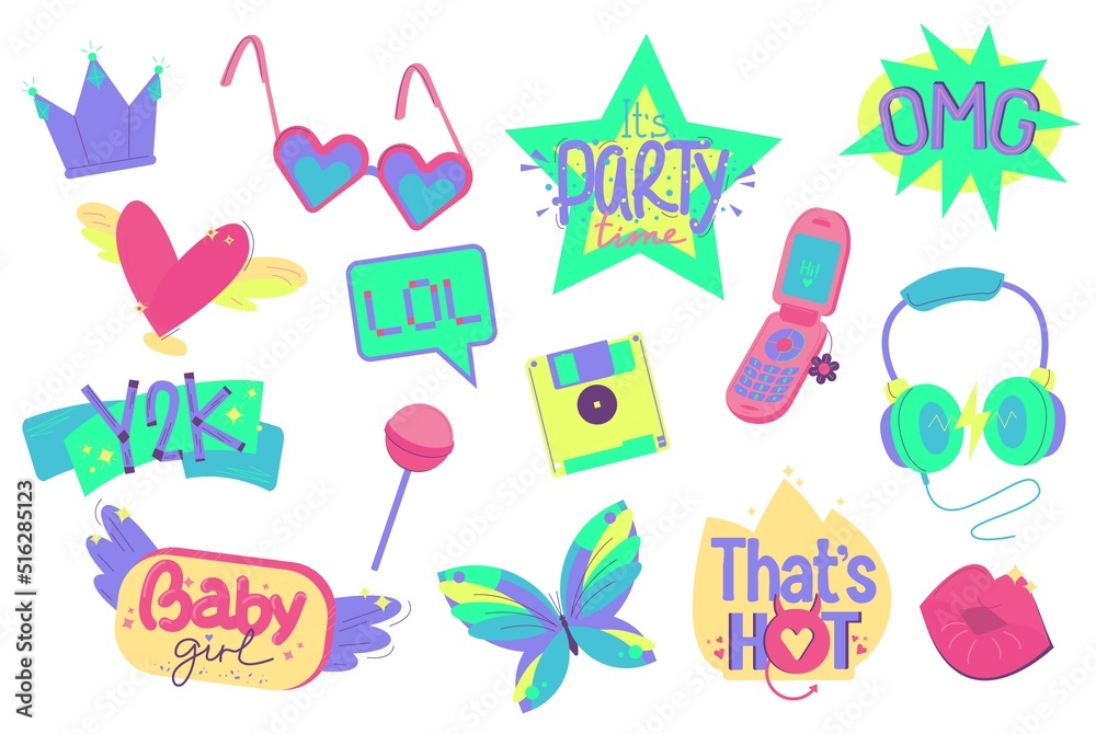 Y2K colorful stickers set. Editable vector illustration