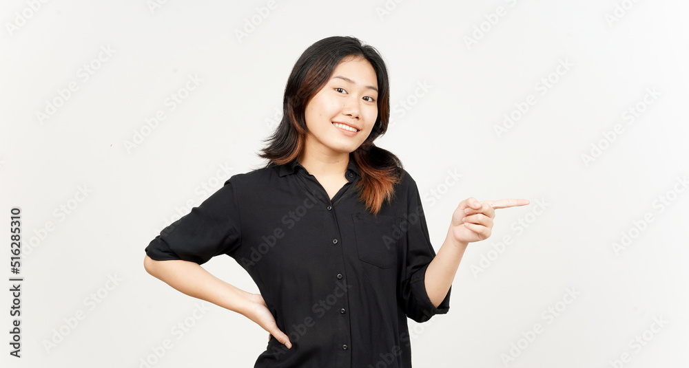 Showing Product and Pointing Side of Beautiful Asian Woman Isolated On White Background Showing Product and Pointing Side of Beautiful Asian Woman Isolated On White Background
