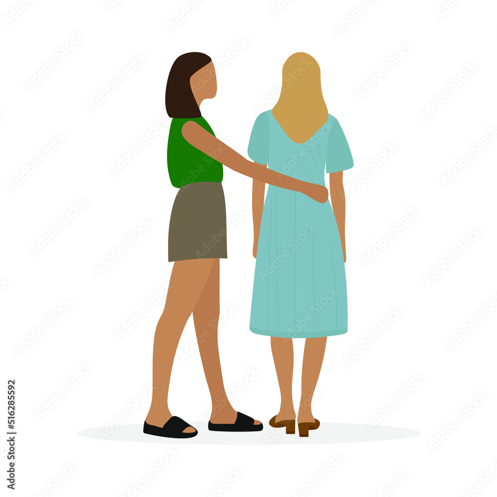 One female character hugging another female character on a white background One female character hugging another female character on a white background