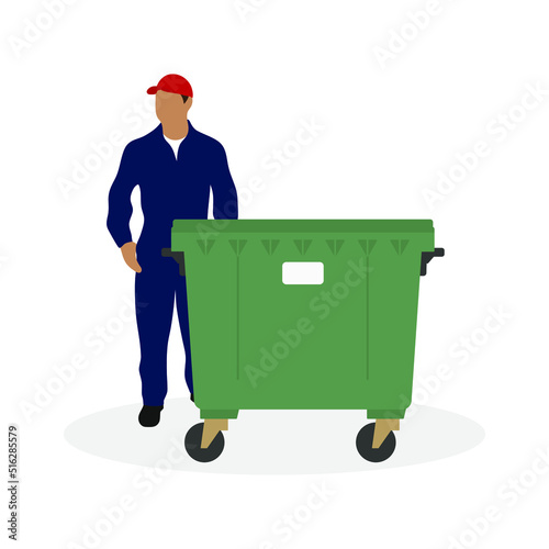 Male character in work overalls stands near a trash can on a white background photo