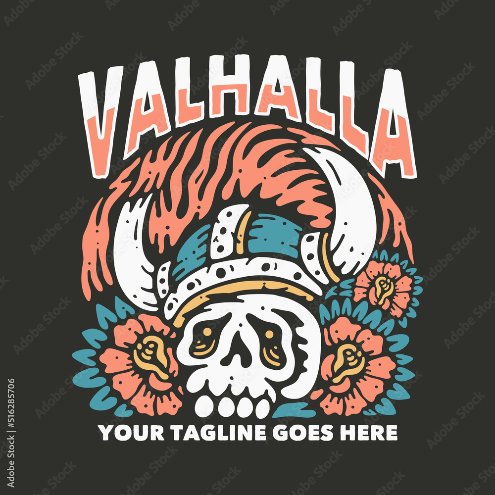 t shirt design valhalla with skull viking head and gray background vintage illustration