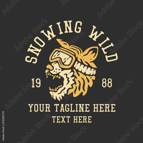 t shirt design snowing wild with tiger head wearing ski goggles and gray background vintage illustration