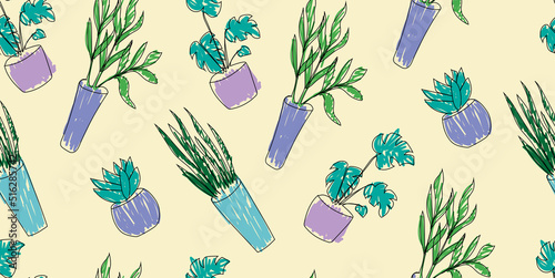 Seamless pattern with different hand drawn flowerpots. Flat doodle home plants. Botany colorful illustration. Vector. Isolated