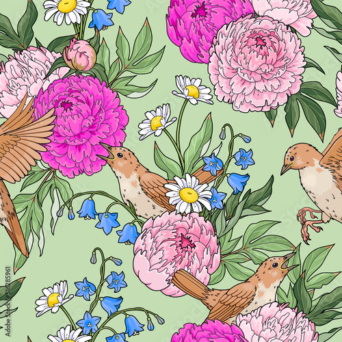 Pink peony and birds vector seamless pattern