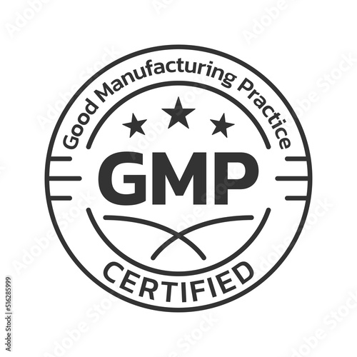 GMP certified icon or logo. Good manufacturing practice stamp or seal design. Quality standard label. Vector illustration.