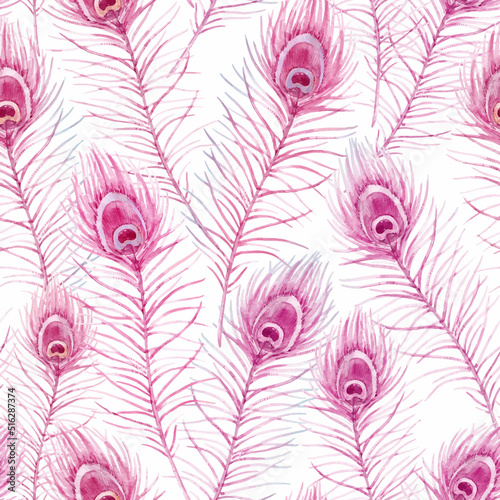 Beautiful autotraced vector seamless pattern with watercolor hand drawn pink peacock feathers. Stock illustration.