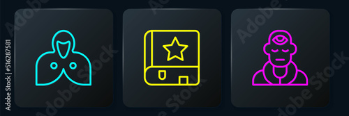 Set line Mantle, cloak, cape, Wizard warlock and Ancient magic book. Black square button. Vector