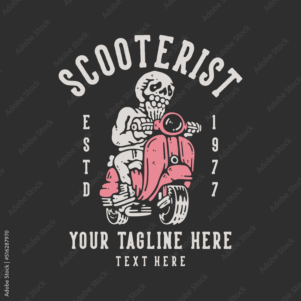 t shirt design scooterist estd 1977 with skeleton riding scooter with gray background vintage illustration